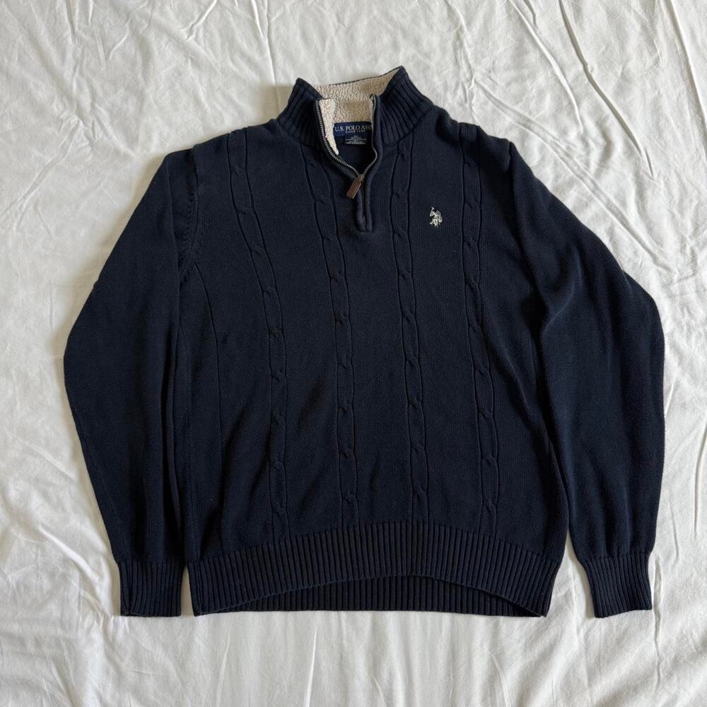 U.S. Polo Assn. Navy Cable Knit Quarter Zip Sherpa Collar Sweater Men’s M